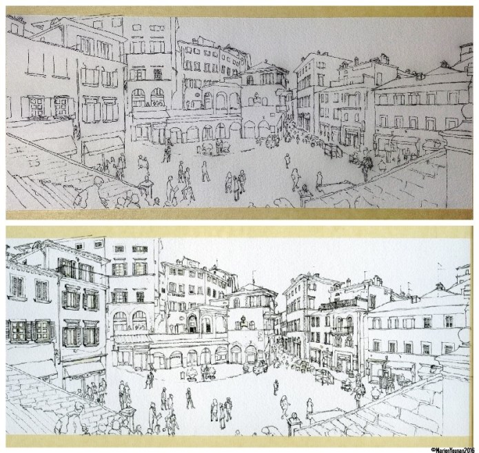 Cortona - outline ink drawing to detailed ink drawing